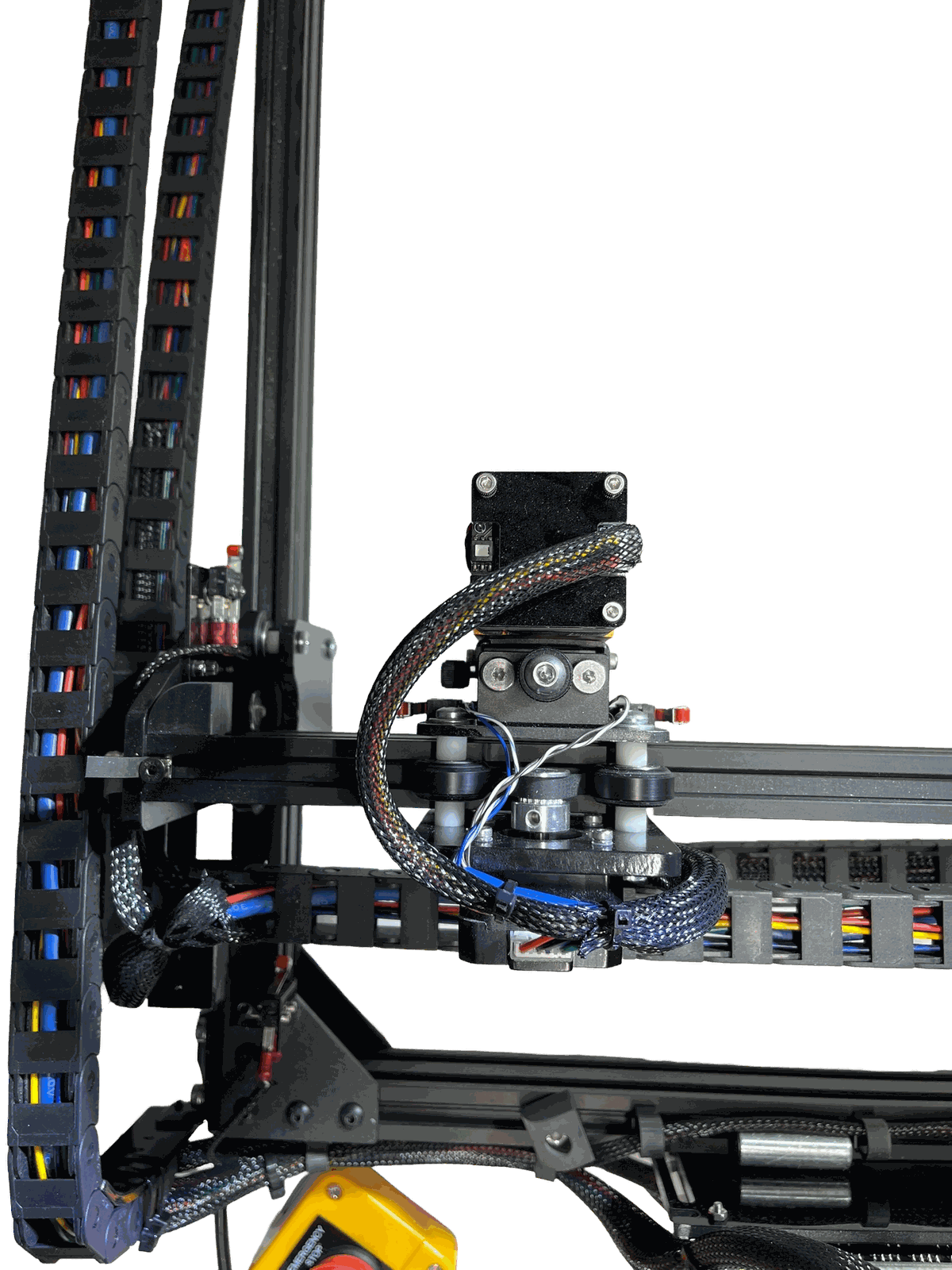 Chariot du portique : moteur, galets, fins de course et faisceaux gainés