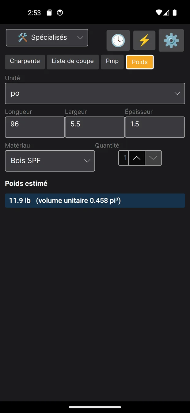 Calculateur de chantier de CalGUI estimant le poids d’une pièce de bois SPF à 11,9 lb