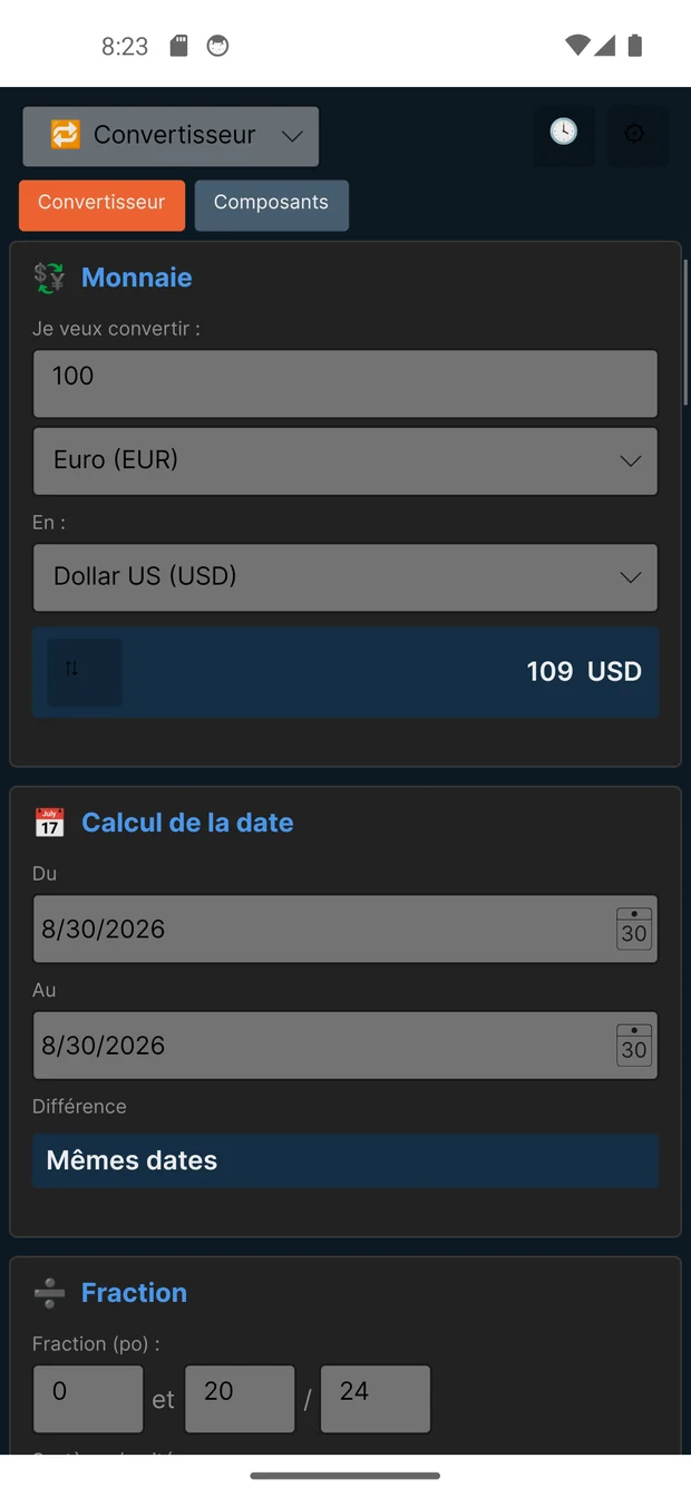 Convertisseur de CalGUI : conversion de monnaie Euro vers Dollar US, calcul de dates et fractions