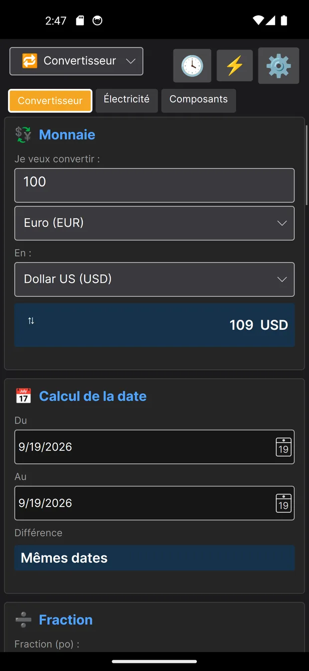 Convertisseur de CalGUI : 100 Euro convertis en 109 Dollars US et calcul d’écart entre deux dates