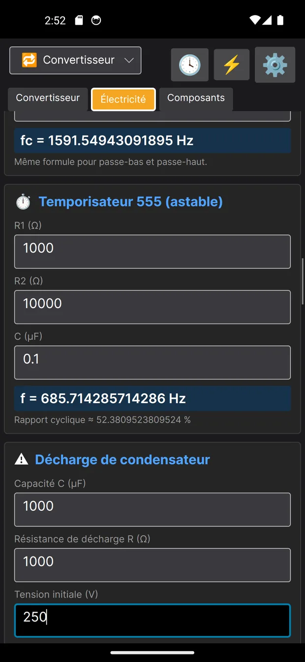 Calculs électroniques de CalGUI : filtre RC, temporisateur 555 astable et décharge de condensateur