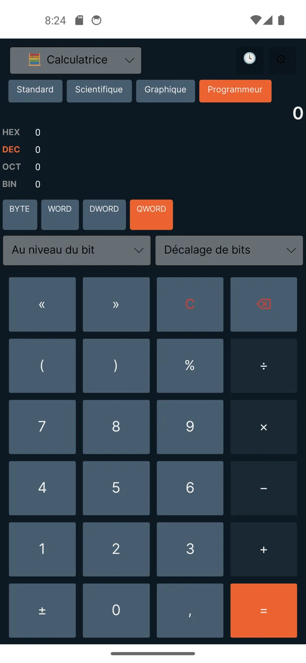 Mode programmeur de CalGUI : bases HEX, DEC, OCT, BIN et tailles de mot BYTE, WORD, DWORD, QWORD