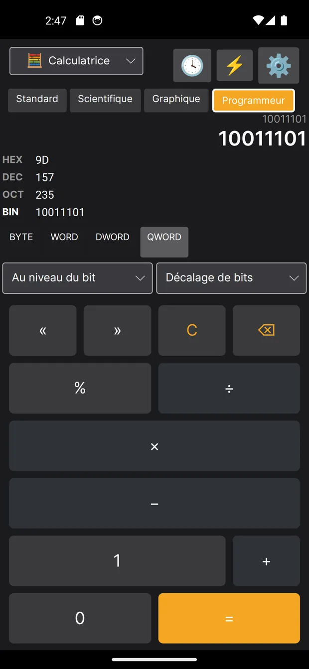 Mode programmeur de CalGUI : conversions HEX 9D, DEC 157, OCT 235, BIN 10011101, taille de mot QWORD