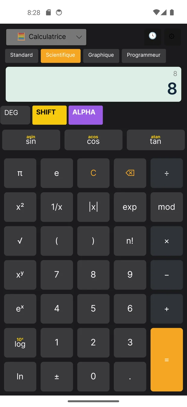 Mode scientifique de CalGUI, thème Professionnelle, touches SHIFT (jaune) et ALPHA (violet)