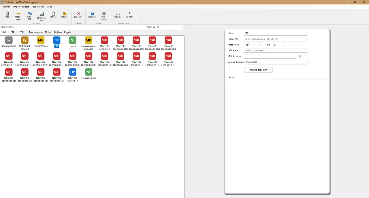 Le Coffre-Fort sur ordinateur dans Visual GUI : mots de passe, entrées FTP, SSH, notes et fichiers