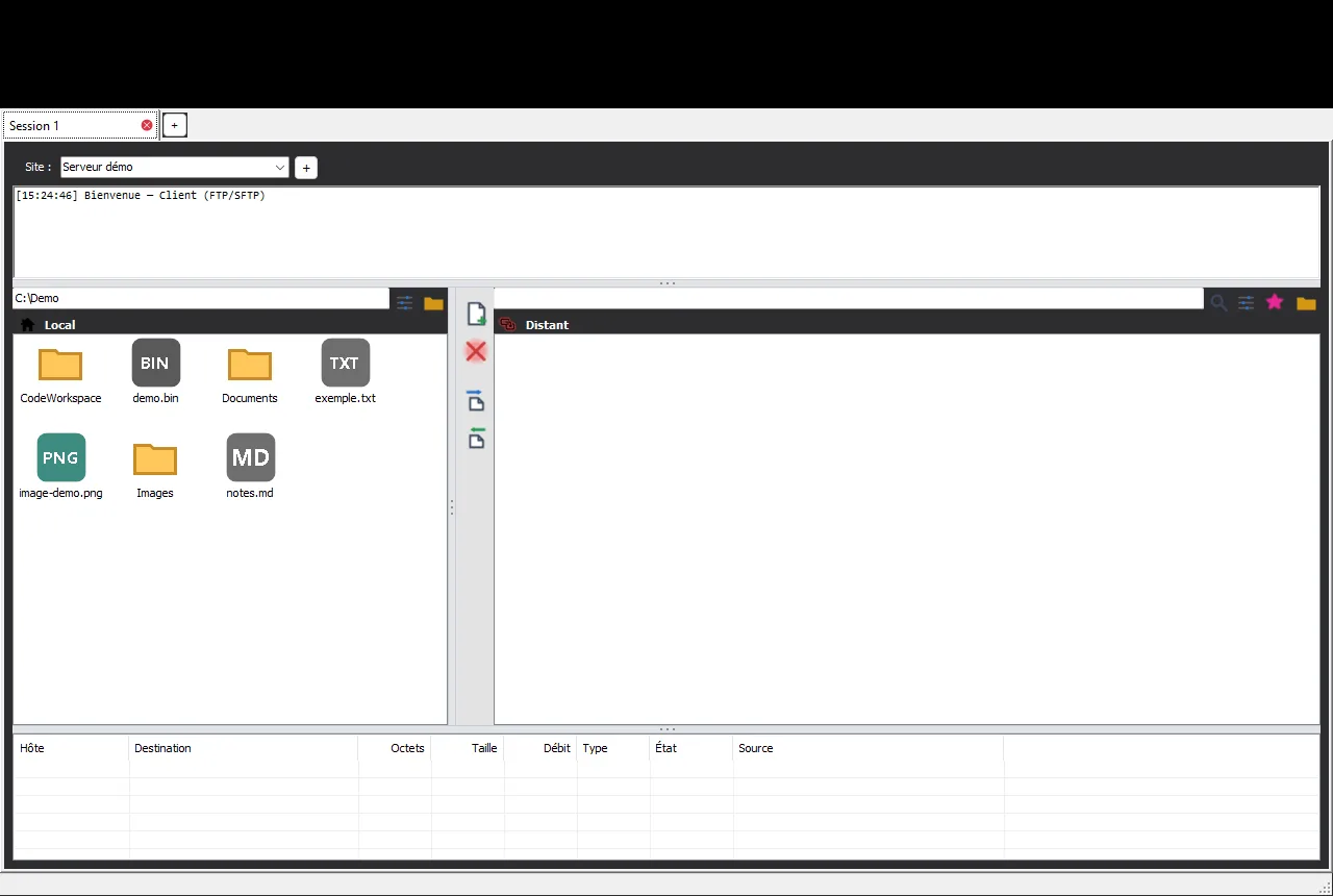 Le client FTP/SFTP de Visual GUI : sélecteur de site, panneaux local et distant côte à côte, journal et file de transfert