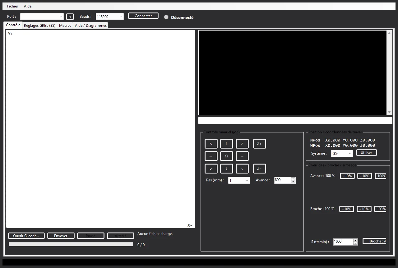 Le contrôleur CNC GRBL de Visual GUI : jog XYZ, coordonnées MPos/WPos, système G54 et overrides avance/broche