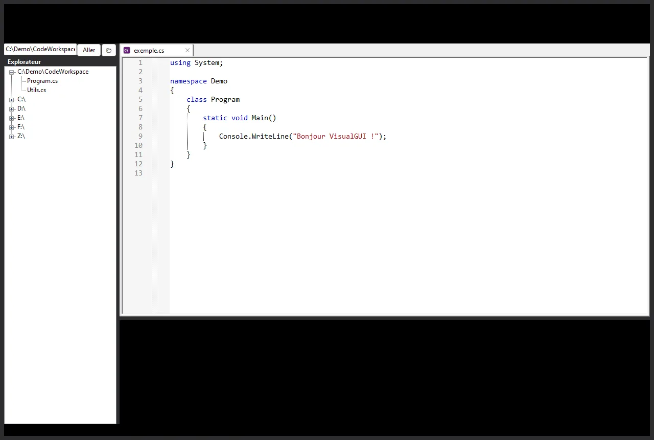 L'éditeur de code de Visual GUI : arbre de projet, onglets de fichiers, coloration syntaxique et console intégrée