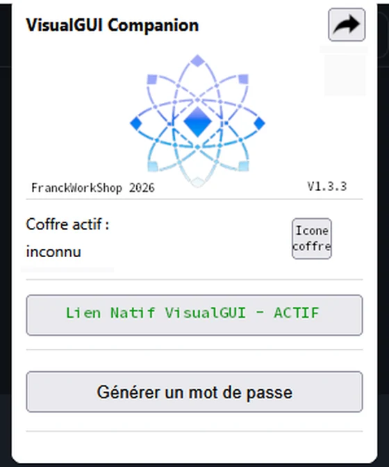 Le popup de l'extension VisualGUI Compagnon : coffre actif, bouton Lien Natif VisualGUI, générateur de mot de passe